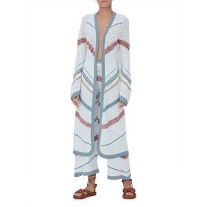 Alexis Oanez Duster Cardigan White Green Pink Belted Long Sleeve Crochet Sz M